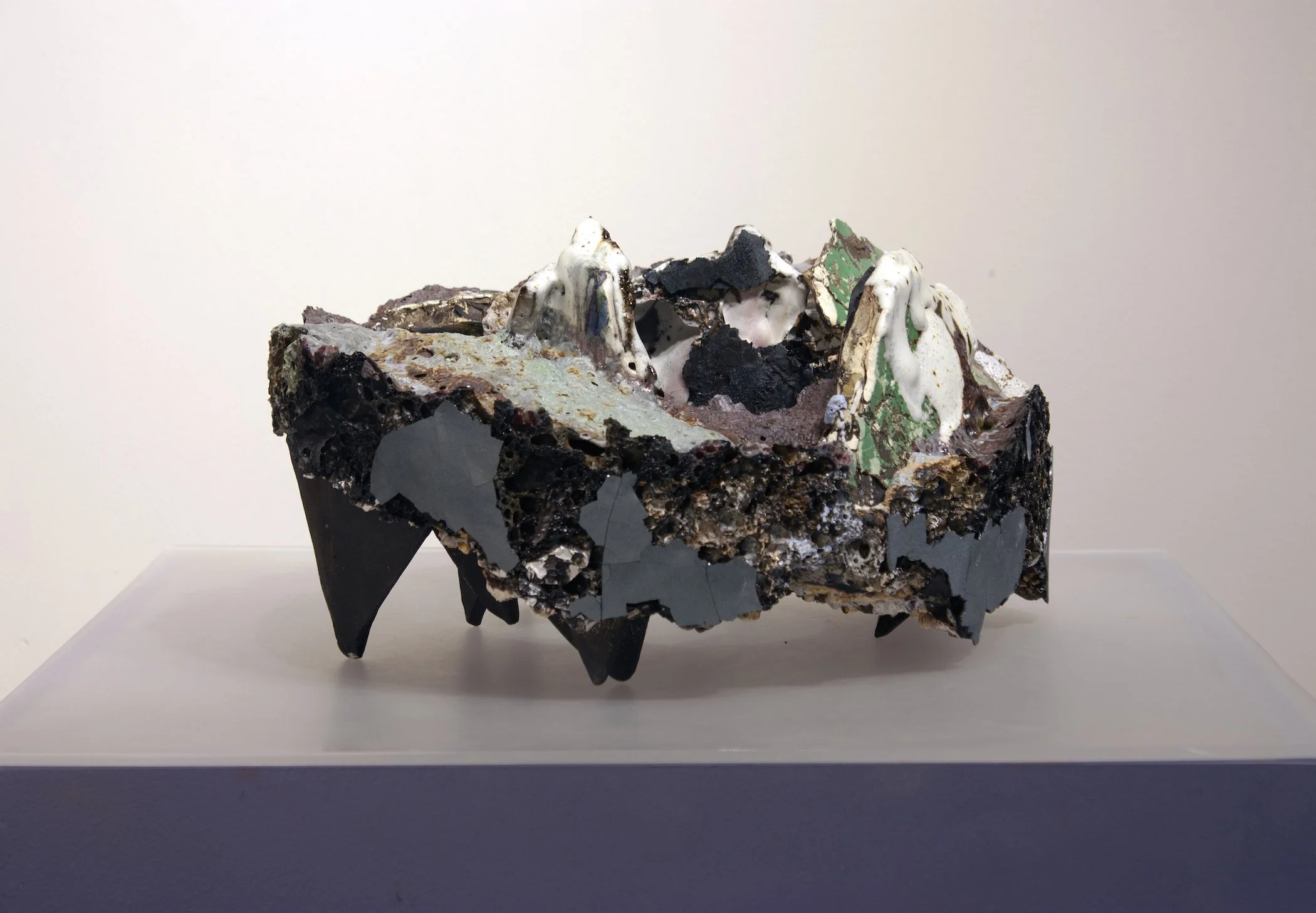 "Blush," 2021-22. Stone, steel, clay, glaze, and gravel.