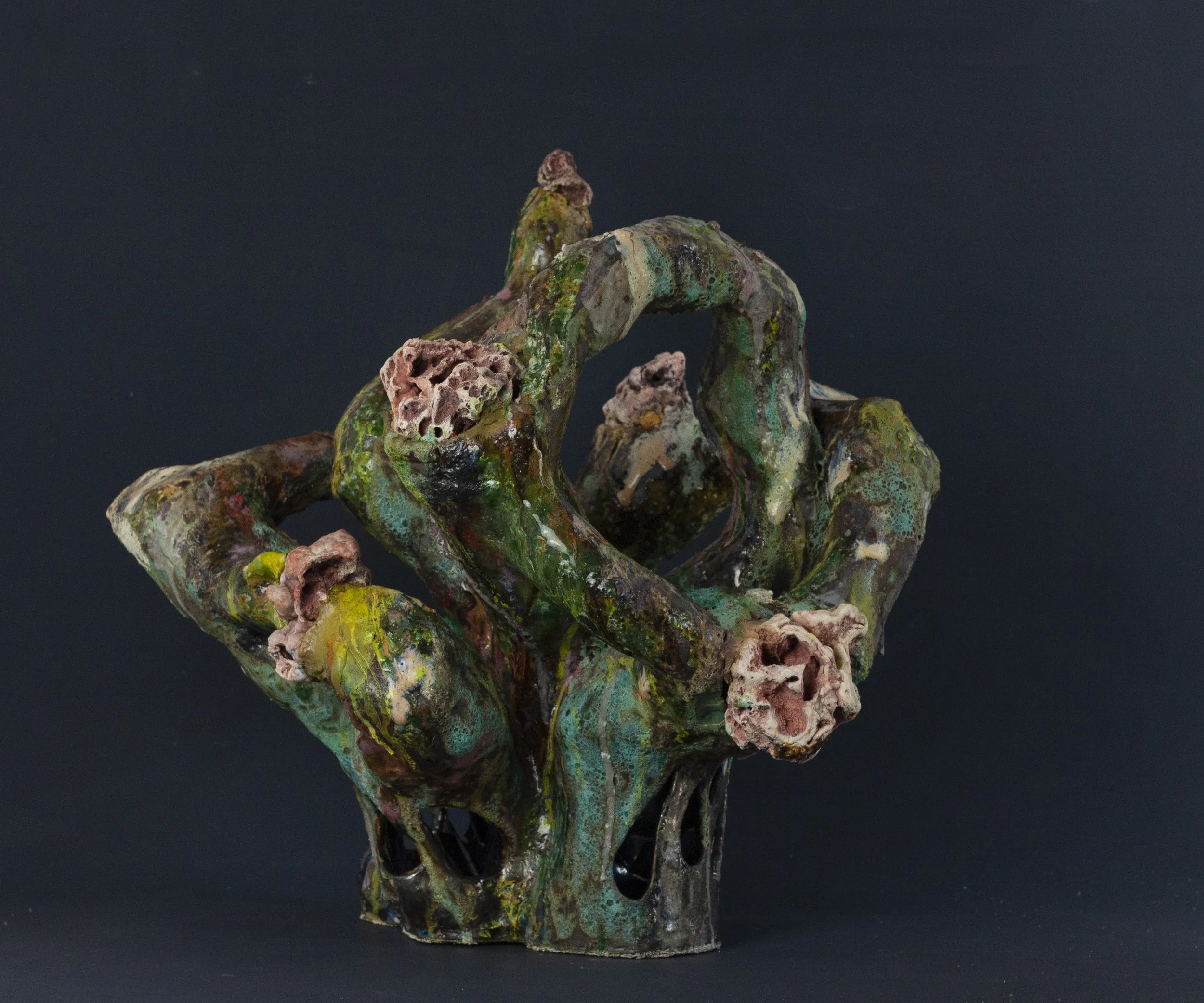 "thing with horns,” 2023-24. 20" x 18" x 15". Ozark stone, steel shards, clay, HTX slip, glaze, underglaze.