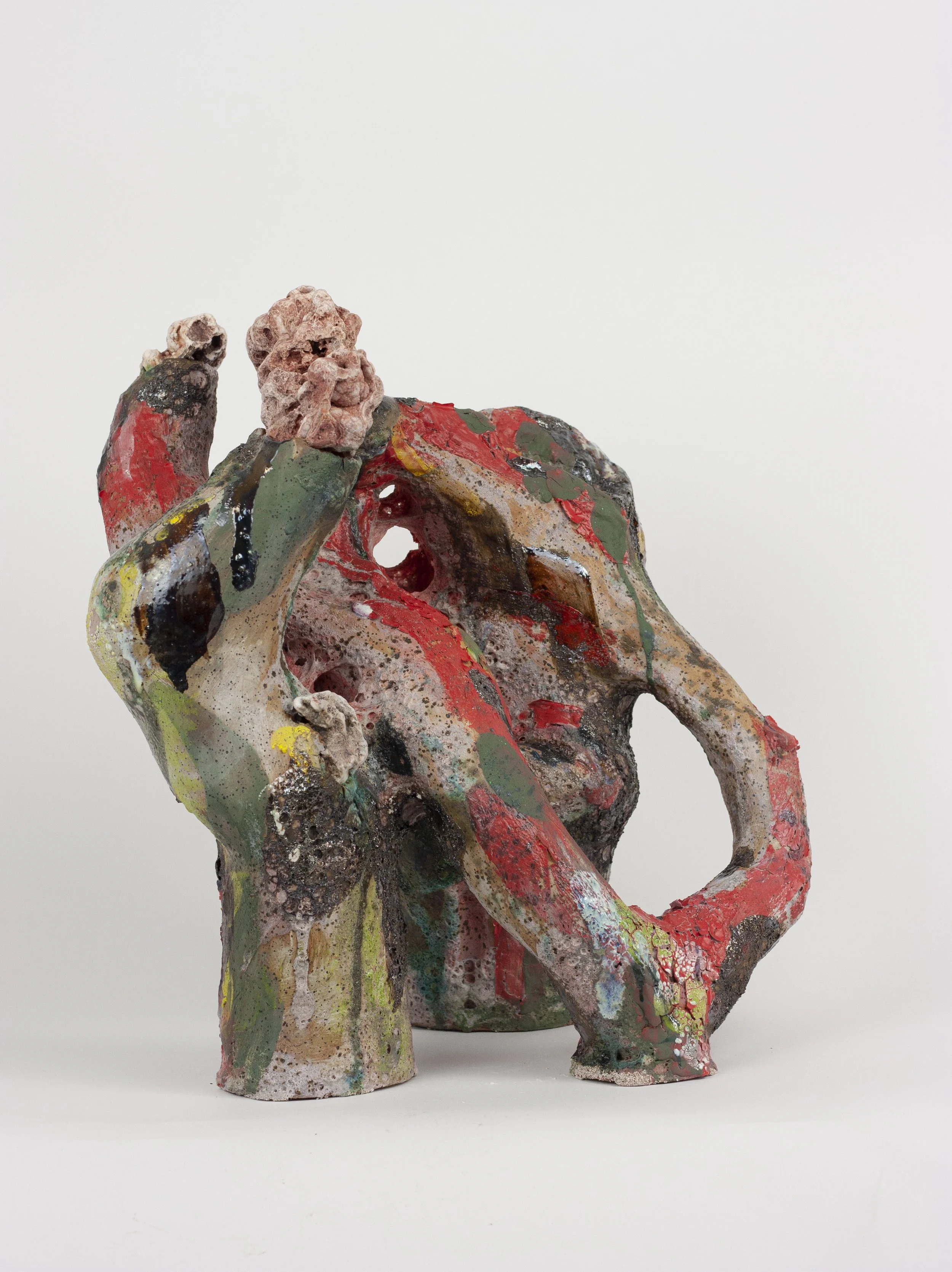 “Transient,” 2024. 23 x 19 x 11 inches. Huzzah river rocks, ceramic, Houston foraged clay and gravel, crushed steel, glazes, underglazes, melted stone chunks. Fired ^6 oxidation.
