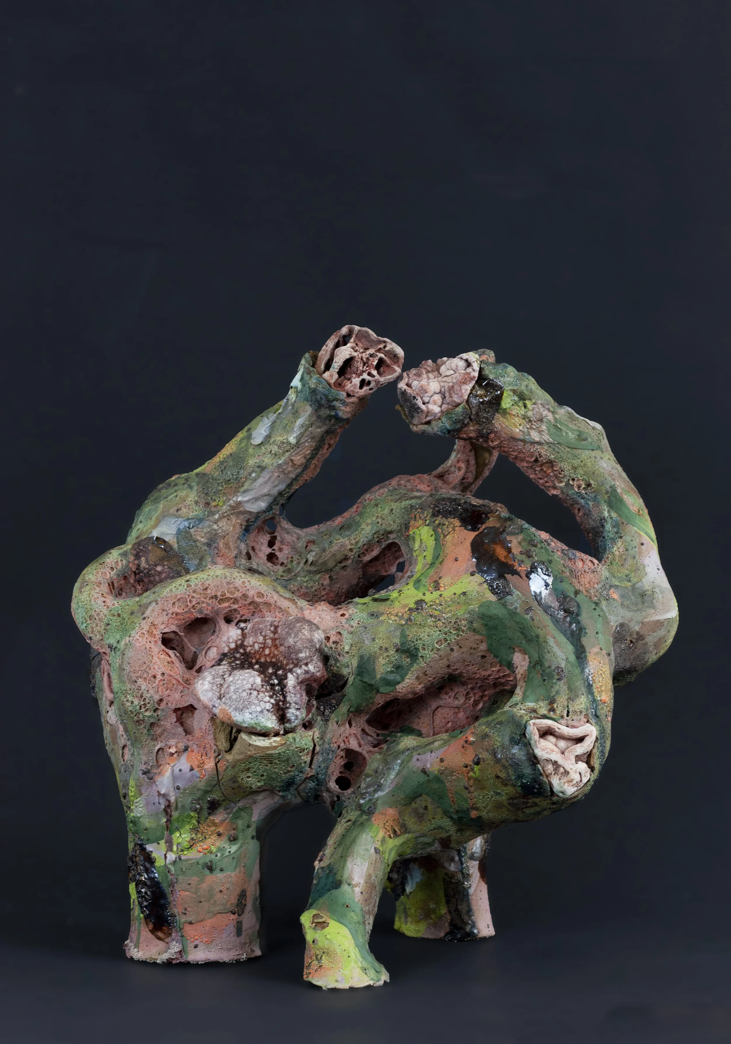 "Roots and Neurons," 2024. 22 x 15 x 14 inches. Clay, Huzzah River rocks, Houston foraged clay and gravel, melted stone powder, glazes, slip, underglazes. Fired ^6 oxidation.
