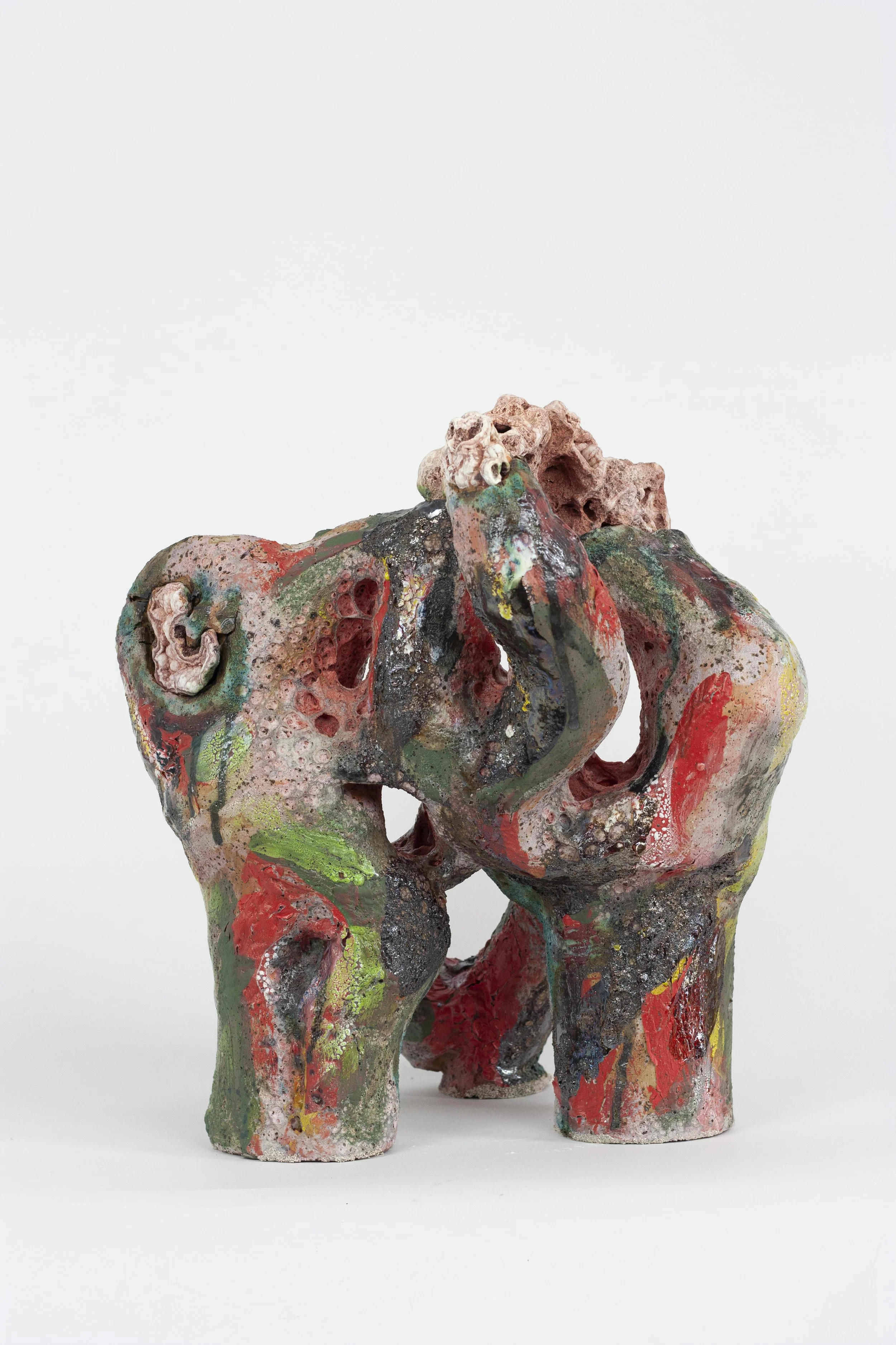“Transient,” 2024. 23 x 19 x 11 inches. Huzzah river rocks, ceramic, Houston foraged clay and gravel, crushed steel, glazes, underglazes, melted stone chunks. Fired ^6 oxidation.