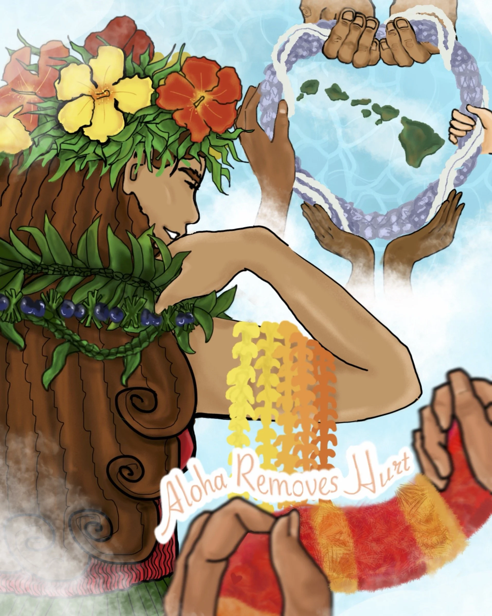 A Hawaiian woman holding the islands with a sign that says "Aloha Removes Hurt"