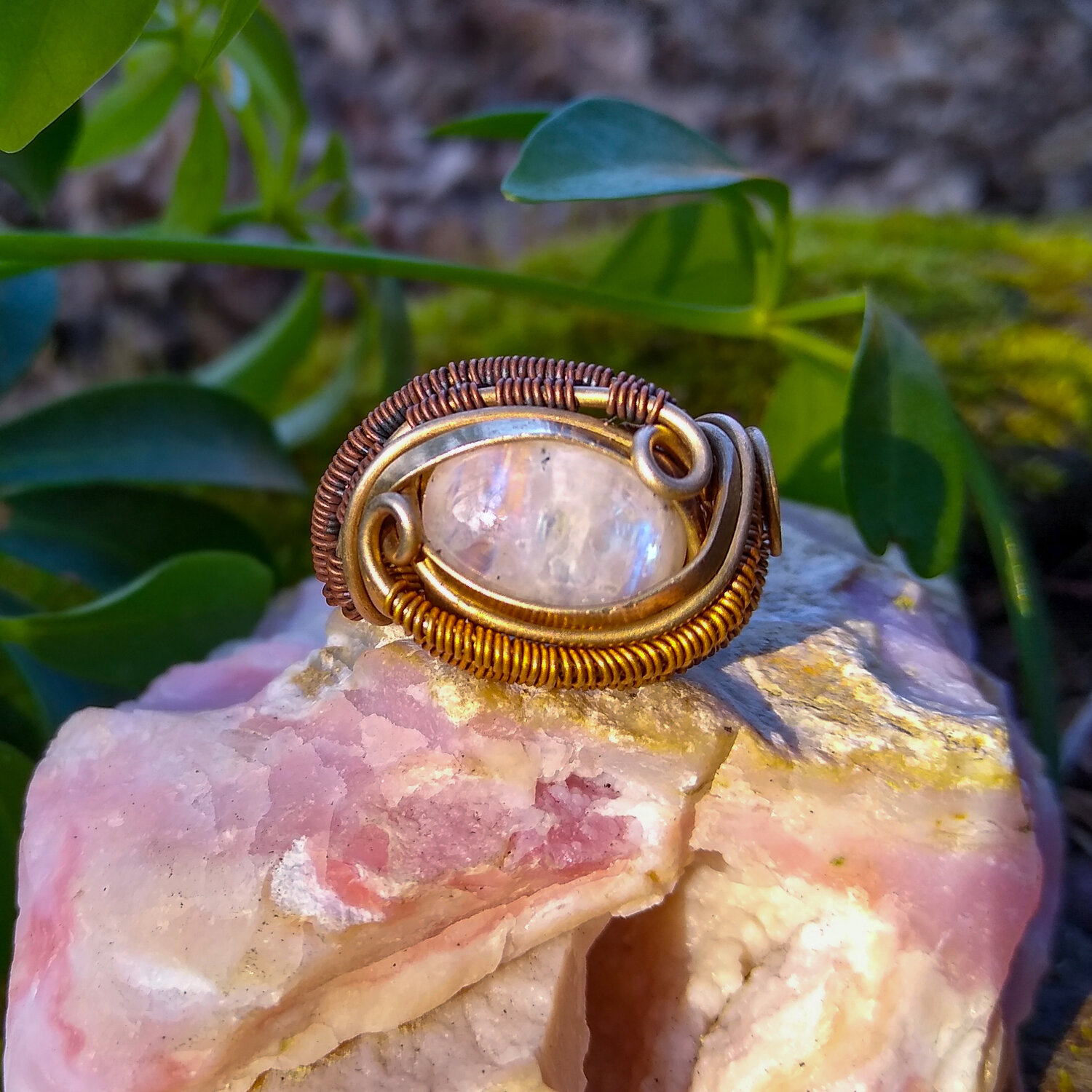 Mixed Metal Wire Wrapped Moonstone Ring Size 6 — Asiri Handcrafted