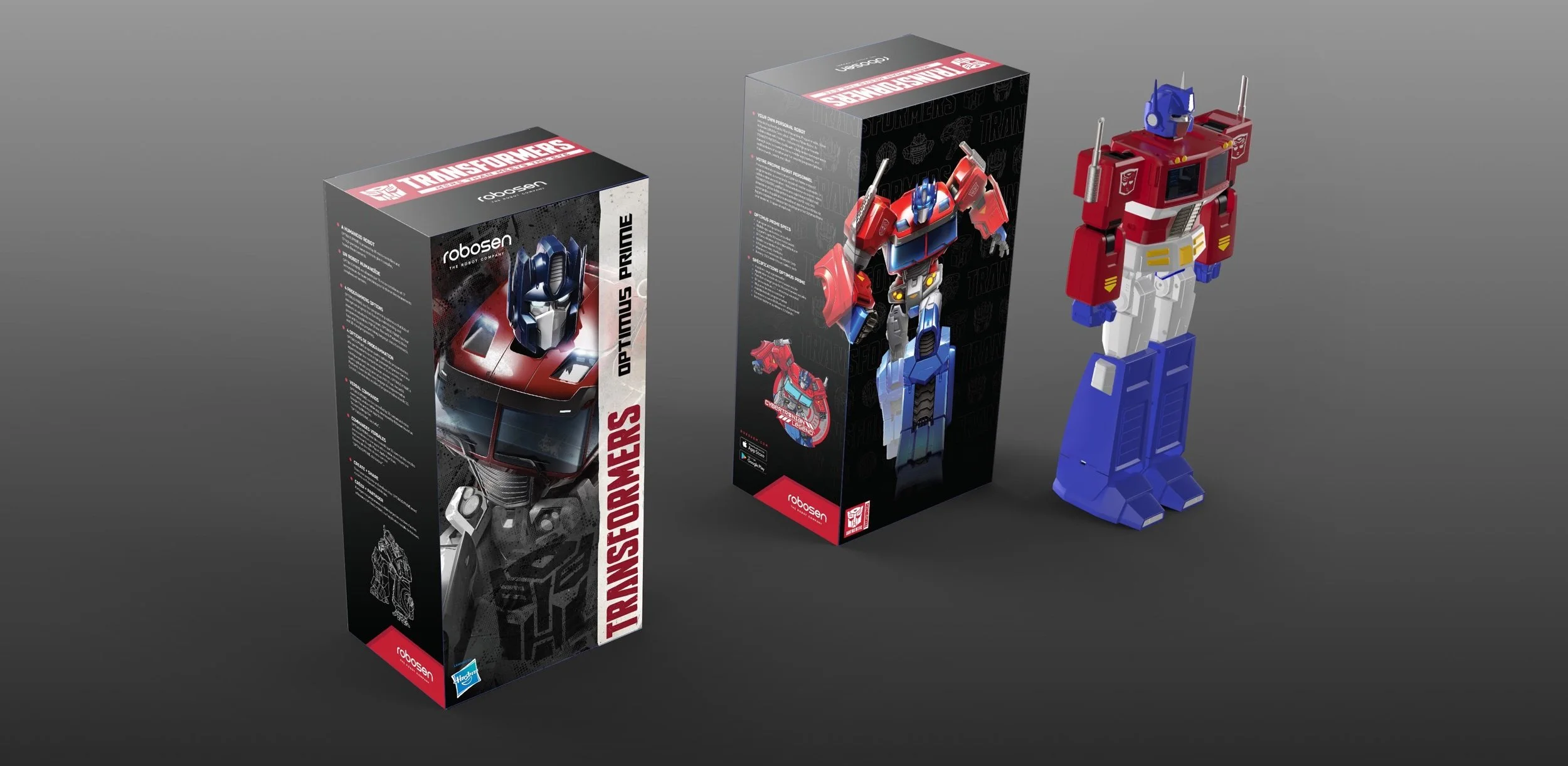 Robosen x Transformers an official license of Hasbro. Package Design for the first voice activated auto converting Transformers.