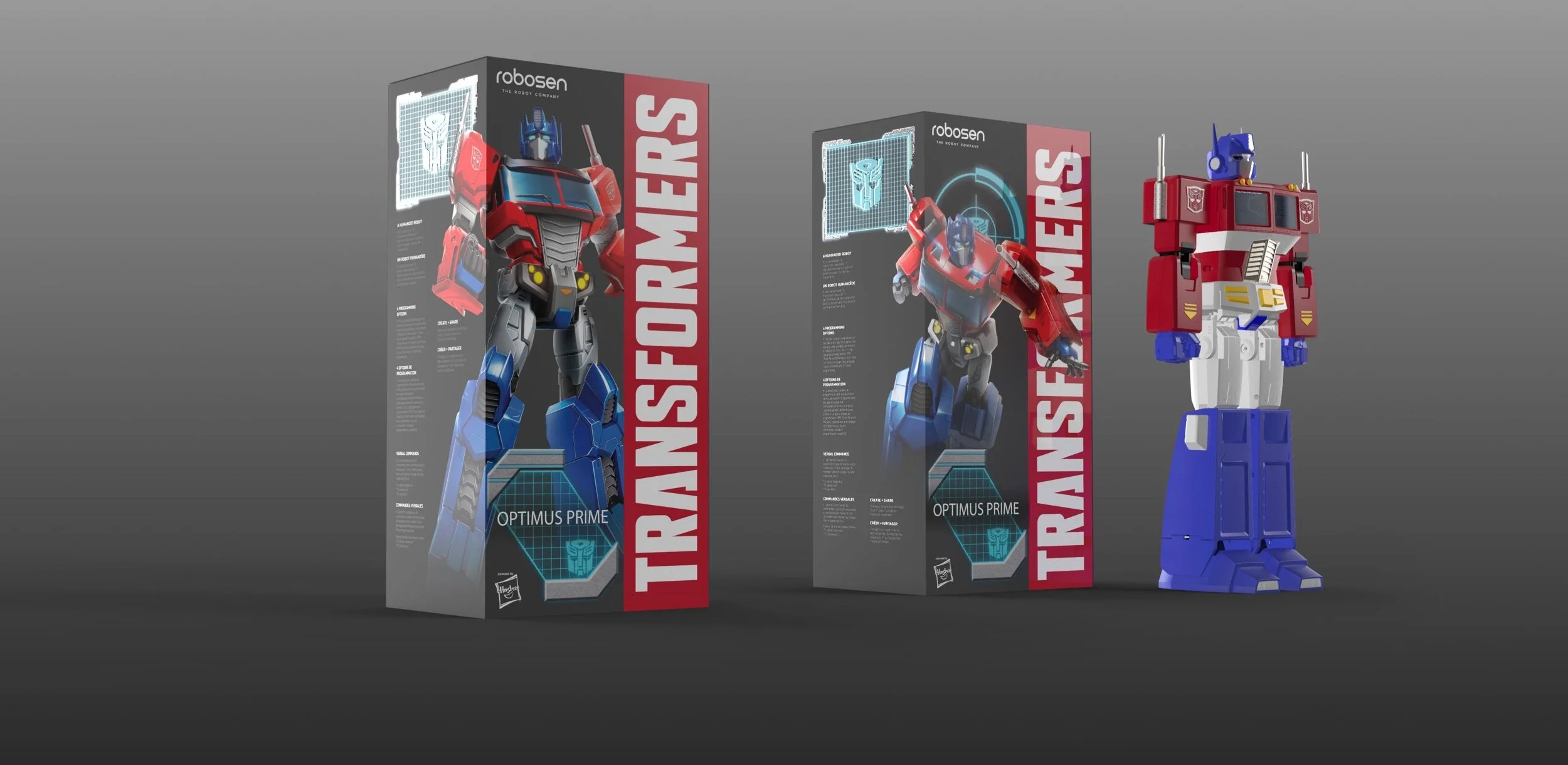 Robosen x Transformers an official license of Hasbro. Package Design for the first voice activated auto converting Transformers.