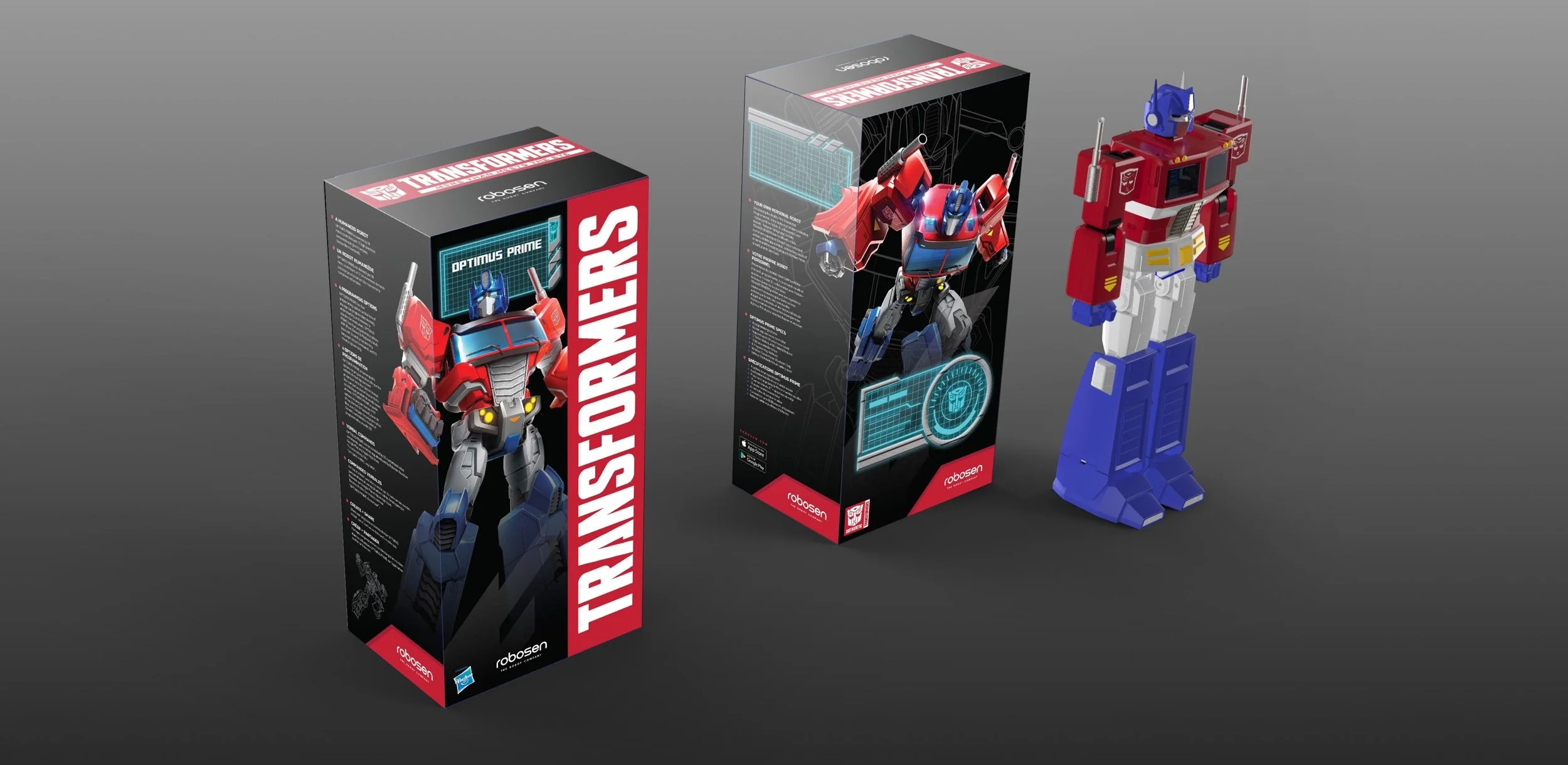 Robosen x Transformers an official license of Hasbro. Package Design for the first voice activated auto converting Transformers.