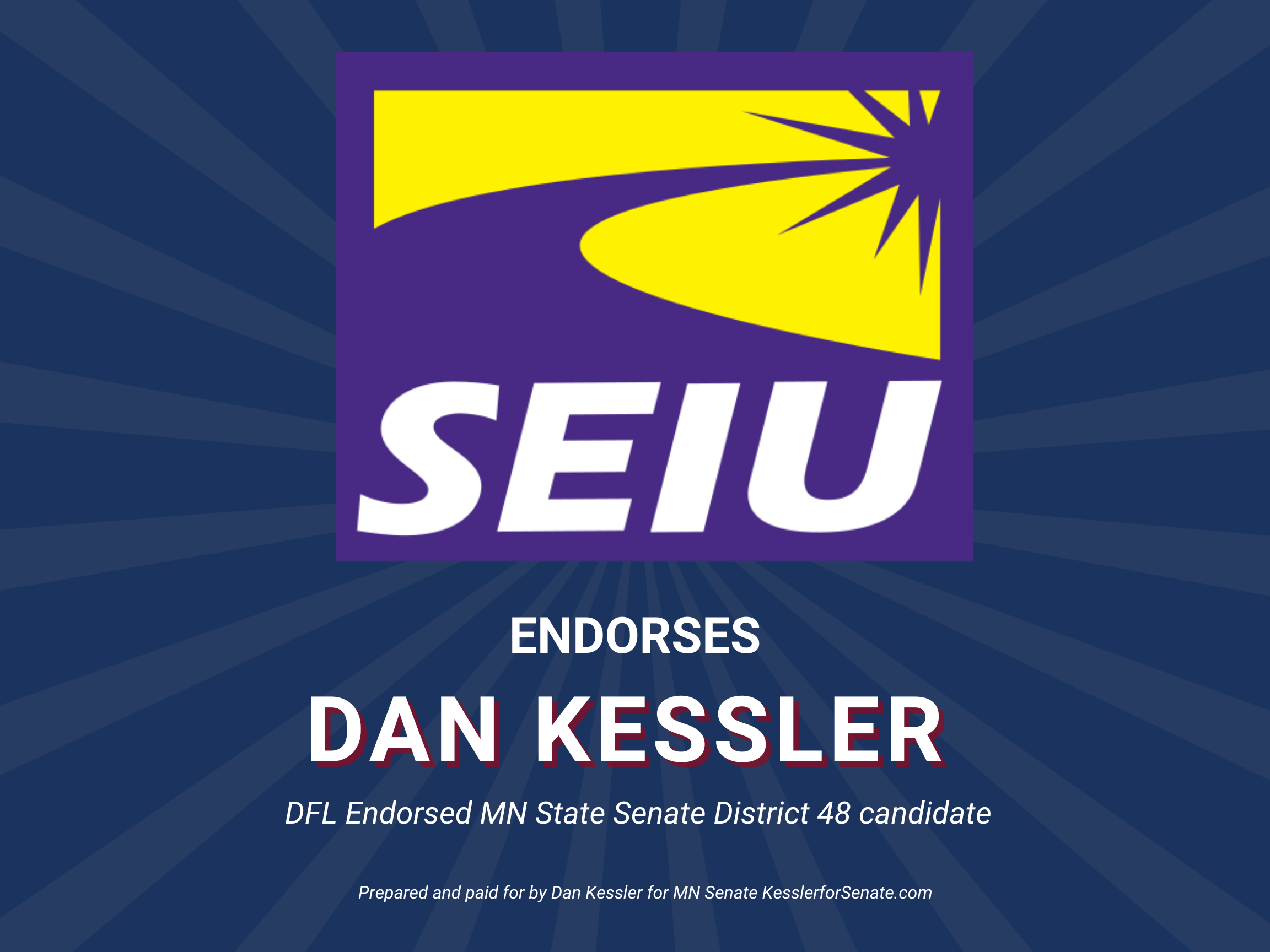 Political campaign poster for Dan Kessler, endorsed by DFL, supporting Minnesota State Senate District 48 candidate. The poster has a dark background with blue rays, a purple rectangle in the center, and yellow and white text and graphics.