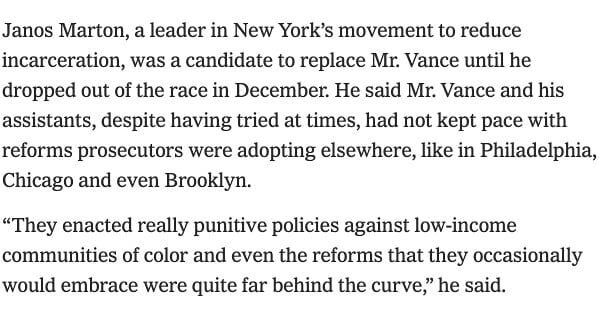 This is the nicest way I could say it, but keeping it classy for the #newyorktimes.

#CyVance was New York's leading jailer, and he went after Black and brown communities with a zeal he could never bring to the powerful &amp; connected. 

We can elec
