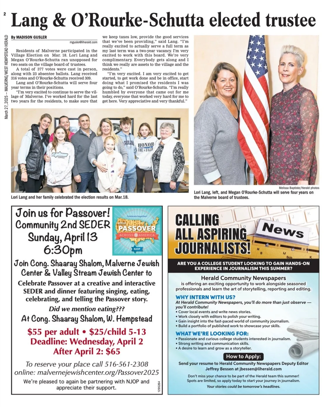 Newspaper article featuring Lori Lang and Megan O'Rourke-Schutta, celebrating their election to serve on the Malverne board of trustees, with a group photo of their families and a smaller photo of the two women with an American flag.