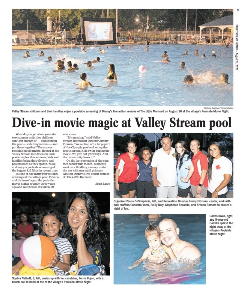 Children and families enjoying a poolside movie night at Valley Stream Pool, with a large outdoor screen and a pool filled with people swimming and watching.