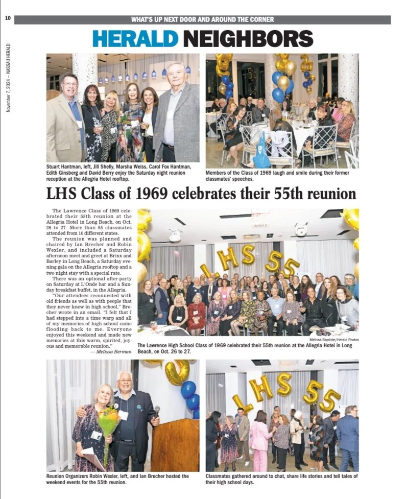 Photos from the 55th reunion of the Lawrence High School Class of 1969, held at the Allegra Hotel in Long Beach, celebrating with group shots of classmates, speeches, and festivities decorated with blue and gold balloons.