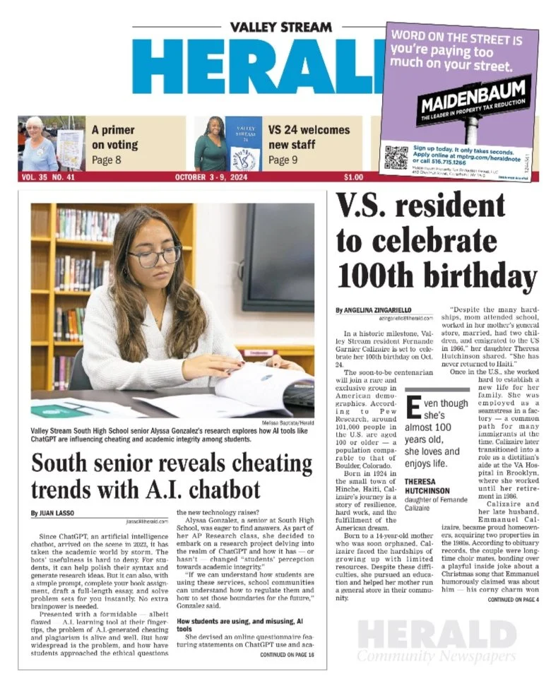Front page of the Valley Stream Herald newspaper featuring a story about a South High School senior, Alyssa Gonzalez, exploring cheating trends with an AI chatbot, accompanied by a photo of her studying in the school library.