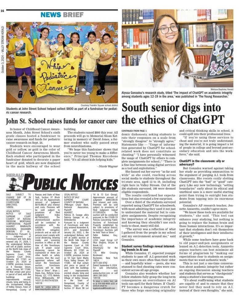 A group of students in yellow shirts holds a banner that reads "Wipe Out Pediatric Cancer" during a fundraiser at John Street School, with colorful paper artworks displayed behind them. In a separate image, a young woman with glasses and long hair sits in front of a bookshelf filled with various books, smiling at the camera.
