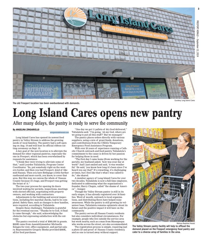 Photo of the front of Long Island Cares building with a sign displaying the organization's name and slogan, and a woman shopping for food.