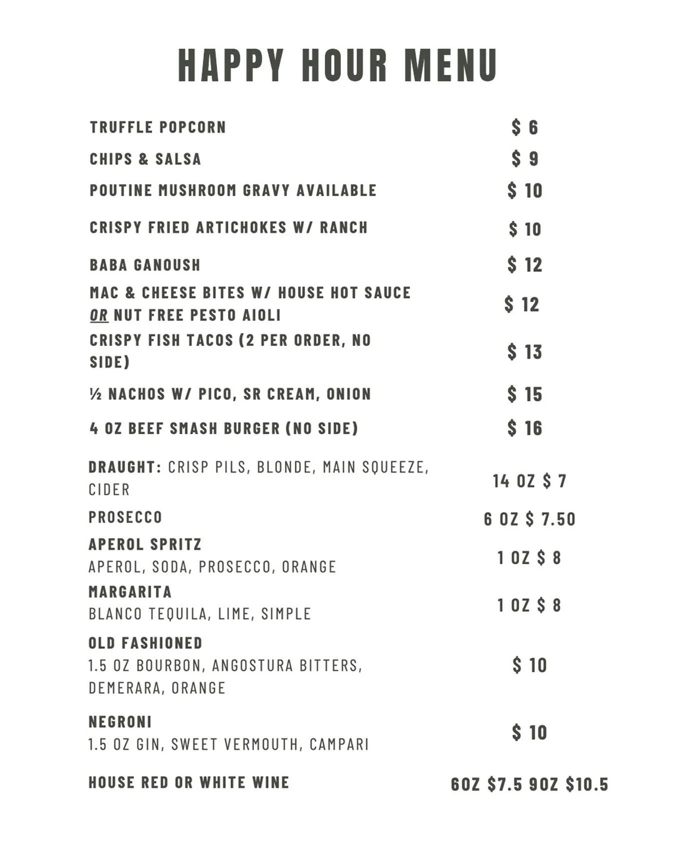 All day happy hour every Tuesday at the Common. Take a 👀 at our menu.