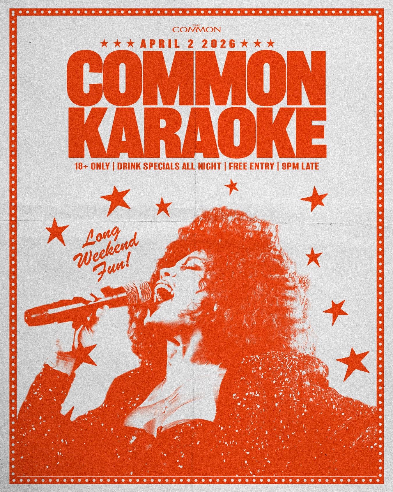 Tonight! Kick off your Easter long weekend with a little COMMON KARAOKE. Free entry &amp; drink specials all night long. 9pm-late. 🎤🙌🍹