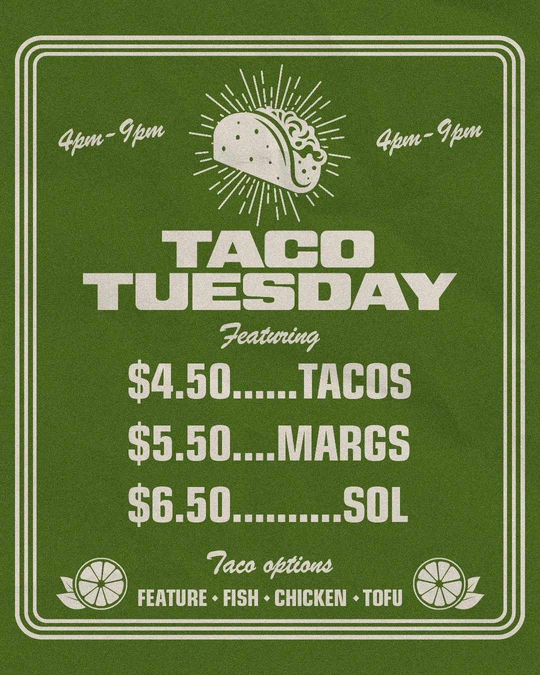 It&rsquo;s TACO TUESDAY! 🌮
Every Tuesday from open to close (4pm-9pm)
$4.50 Tacos
$5.50 Margs
$6.50 Sols
Book a table via the link in our bio.