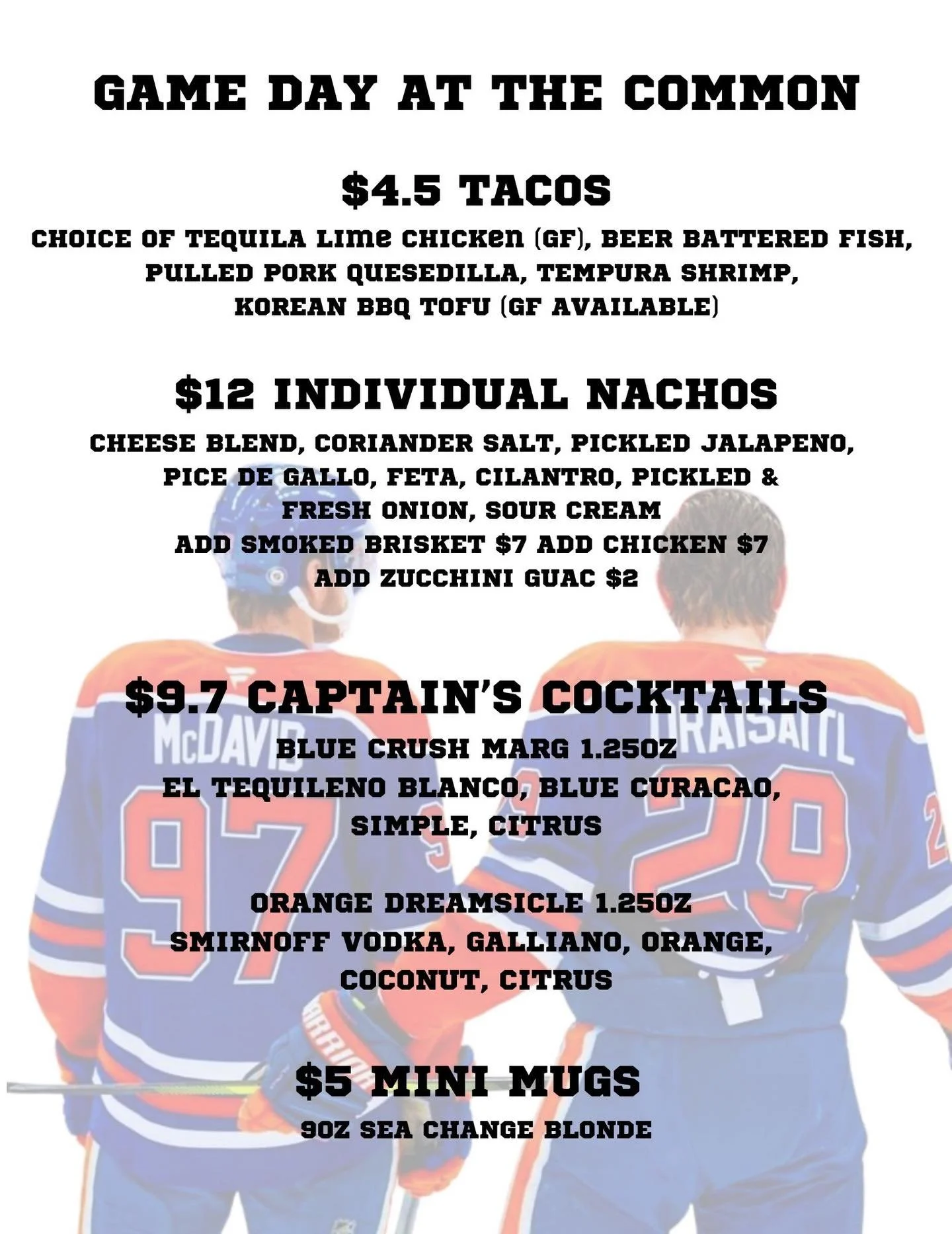 Taco Tuesday + game day at the Common tomorrow. Take a peek at our exclusive play off menu &amp; book a table via the OpenTable link in our bio. We will be playing the game with sound! 💙🧡🍻🌮