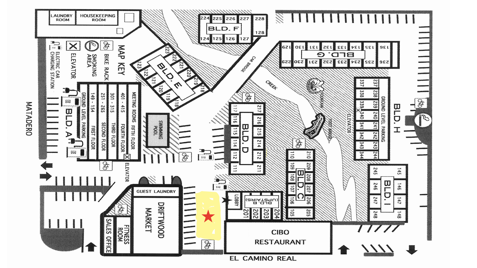 Hotel map with meeting area highlighted.