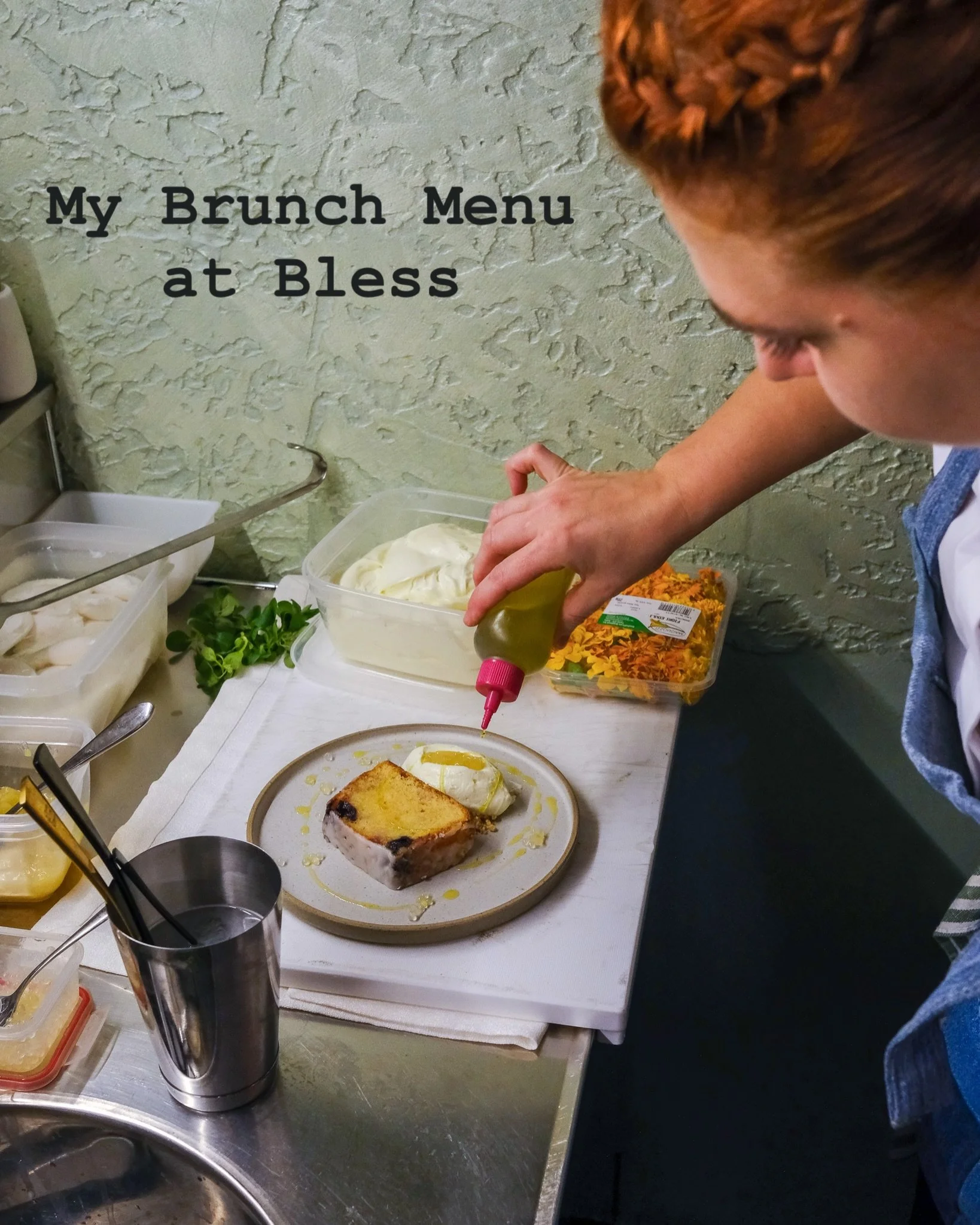 Here are all the dishes I created for my brunch at Bless. ✨

&bull;Not-So-Healthy Granola
Vanilla yogurt, Earl Grey poached peaches, coconut &amp; seed granola, peach syrup.

&bull;Cake for Breakfast
Lemon &amp; blueberry loaf cake, thyme icing, oliv