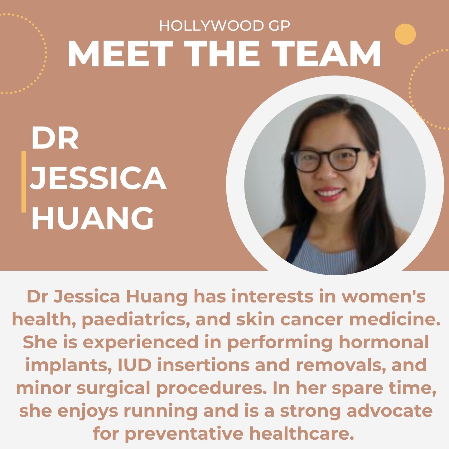 MEET THE TEAM! 

With a passion for skin cancer medicine, paediatrics, and women's health, Dr Jessica Huang is dedicated to providing patient-centered holistic care that prioritises your well-being. Jess is a strong advocate for preventative healthca