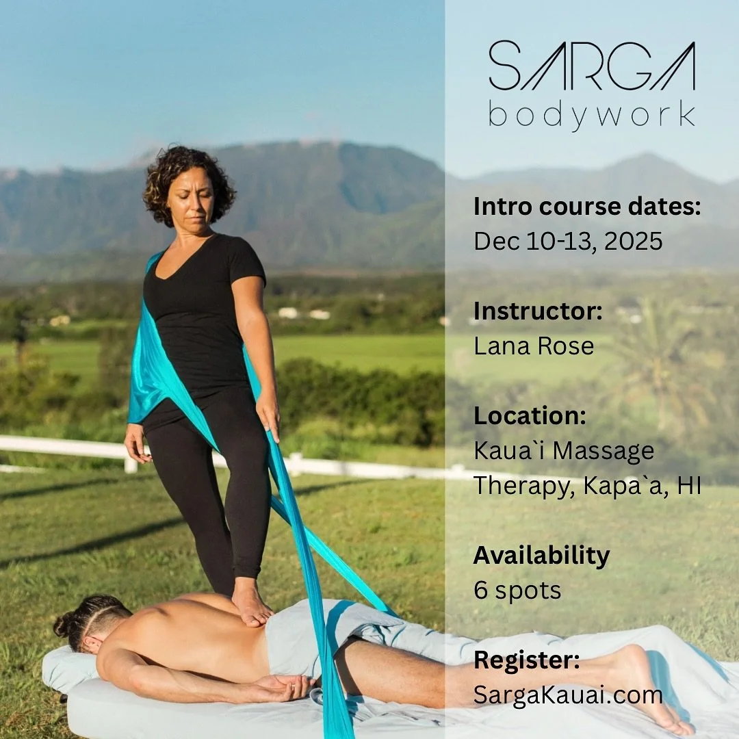 Ready to learn Sarga Bodywork? 🌿
Intro course (Sarga 101) Dec 10–13 2025 at my office, Kauaʻi Massage Therapy in Kapaʻa.
Only 6 spots available — reserve yours at SargaKauai.com, linked in bio.
#sargakauai #sargabodywork #kauaimassageth