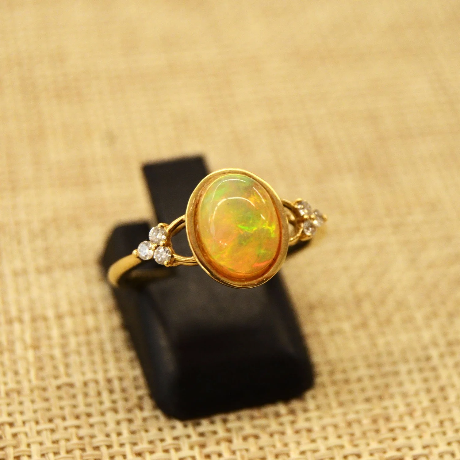 Natural Golden Ethiopian Opal Ring with Diamond Accents