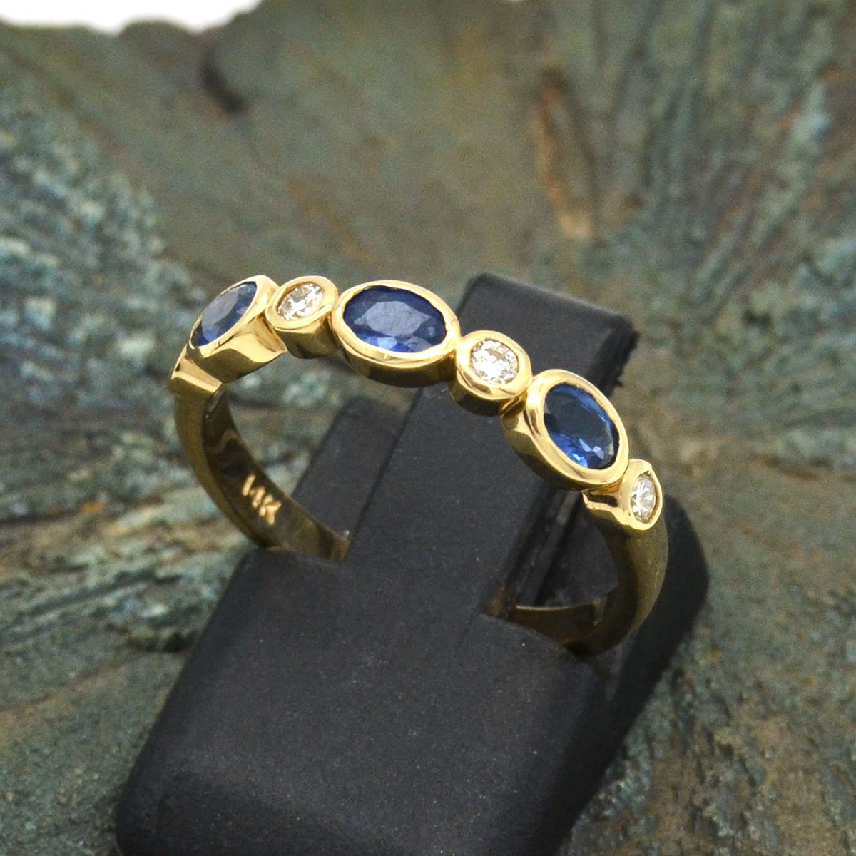 Natural Blue Sapphire & Diamond Alternating Bezel Band in 14K Yellow Gold