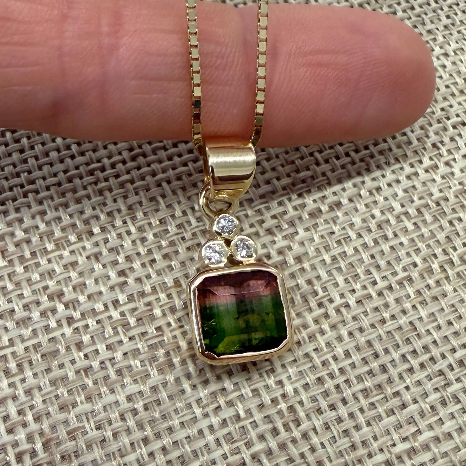 14K Natural Bi-Color Tourmaline & Diamond Pendant
