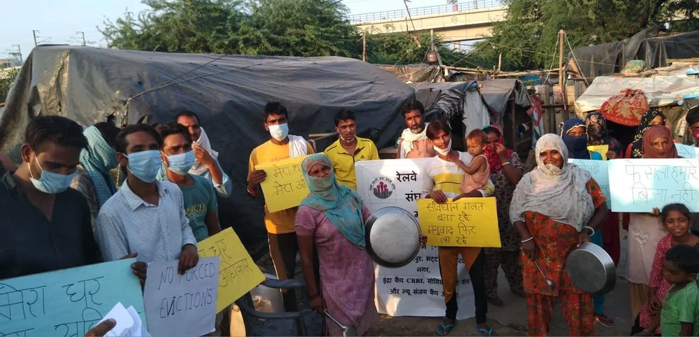 Residents of Sansi Camp protesting against the SC order to evict them from their long-established community