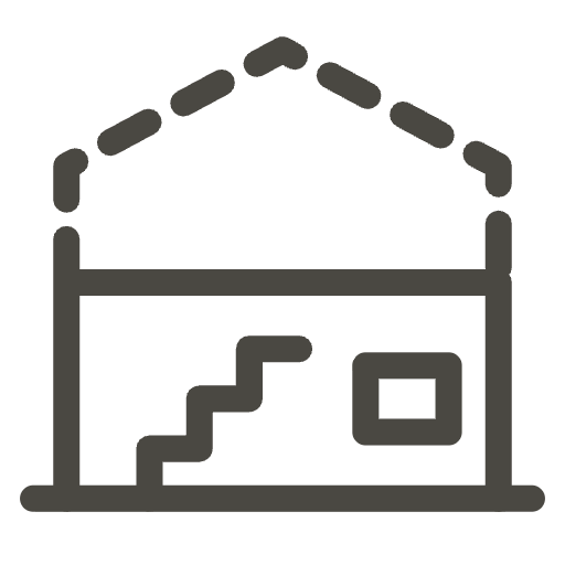 Line icon of a single-storey house with a dashed second storey above it and stairs inside