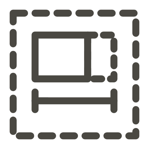 Line icon of a house footprint inside a dashed block boundary, with a dashed area marking where floor space can be added