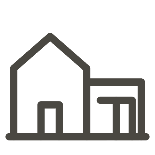 Line icon of a house with a flat-roofed rear extension and glass doors