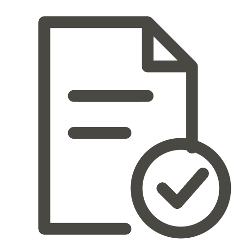Line icon of a document with a round seal and tick