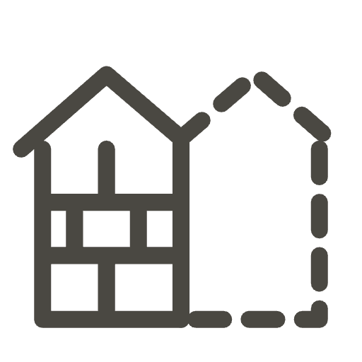 Line icon of a roof and brick wall split down the middle, solid on the old side and dashed on the new side to show they match