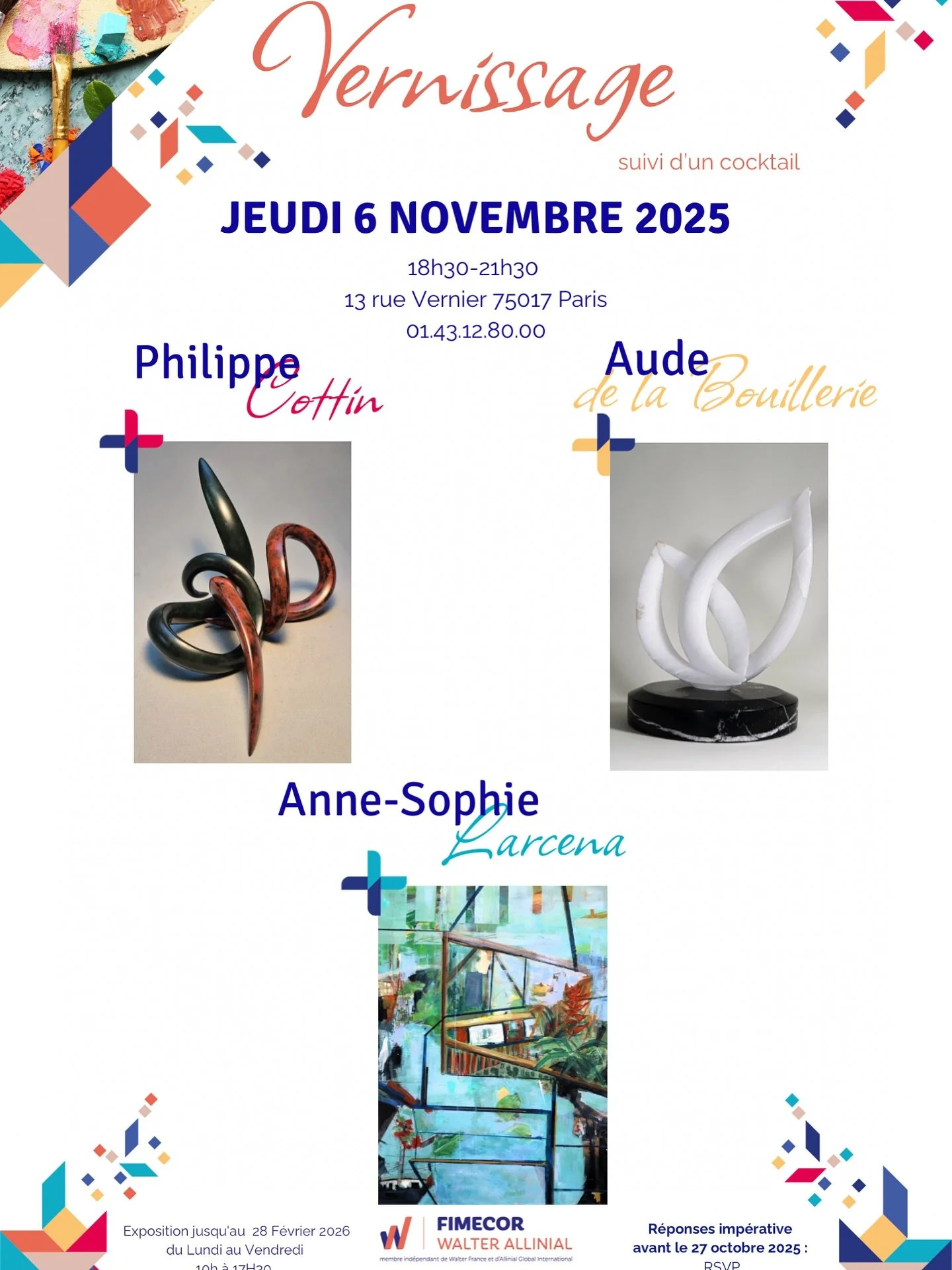 &bull; Le vernissage, c&rsquo;est jeudi ! &bull;
J&rsquo;ai le grand plaisir d&rsquo;exposer mes derni&egrave;res &oelig;uvres dans les locaux de Fimecor Walter Allinial, que je remercie chaleureusement, aux c&ocirc;t&eacute;s de mon amie @annesophie