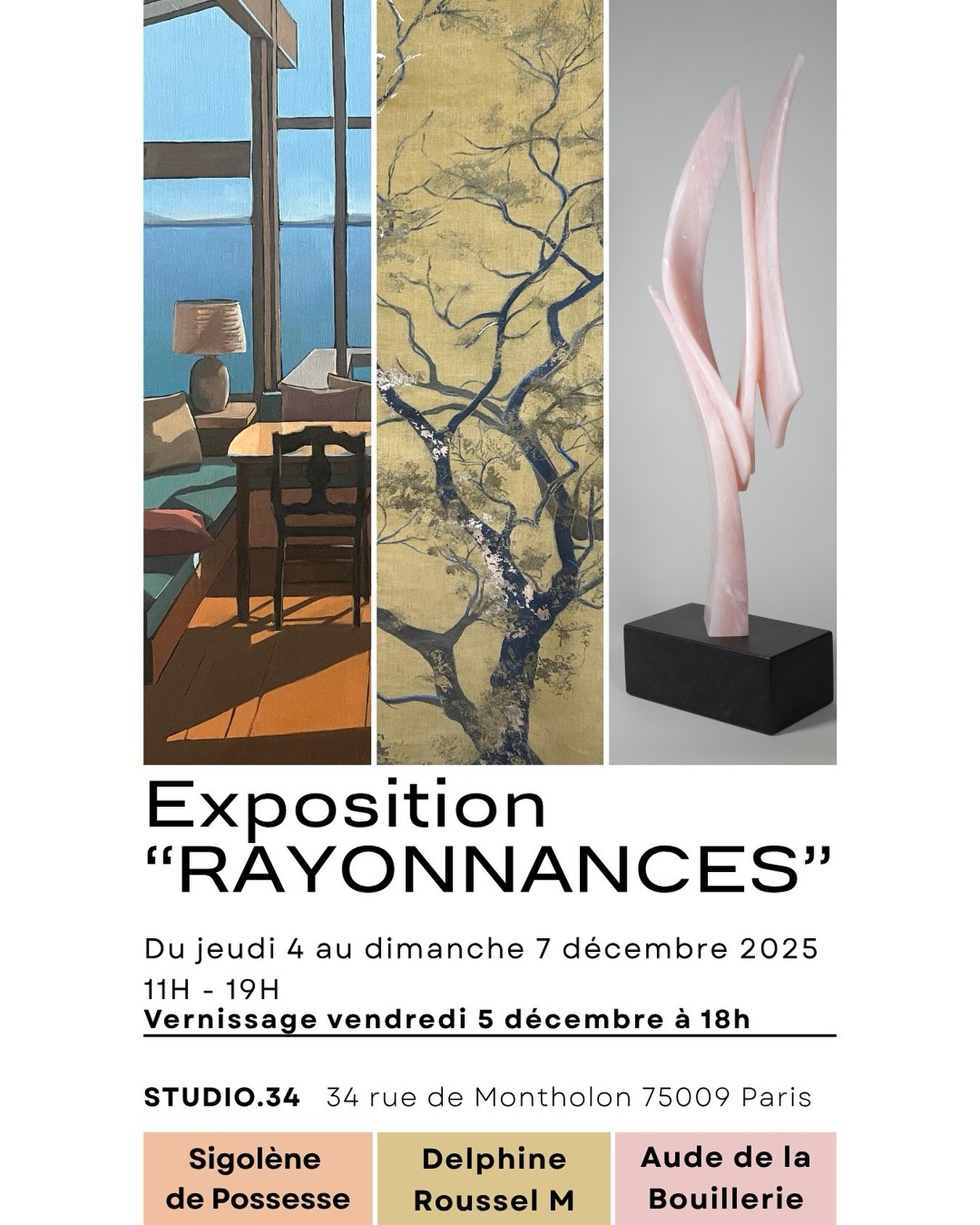 &bull;✨ Nouvelle exposition !✨&bull;
Du 4 au 7 d&eacute;cembre, mes sculptures dialogueront avec les &oelig;uvres de @delphinerousselm, plasticienne, et de @sigolenedepossesse, peintre. 
&laquo;&nbsp;Rayonnances&nbsp;&raquo;, ou la rencontre lumineus