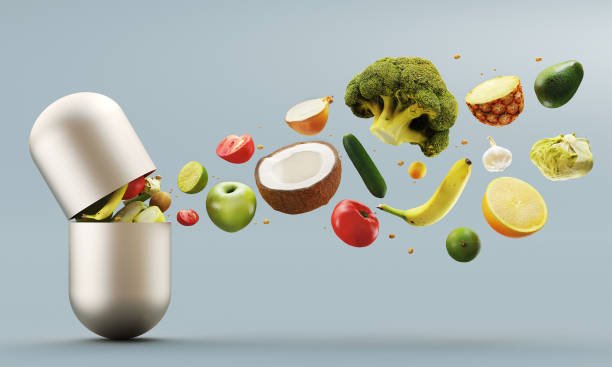  Vitamins pill, organic vegetables and fruit, illustration 