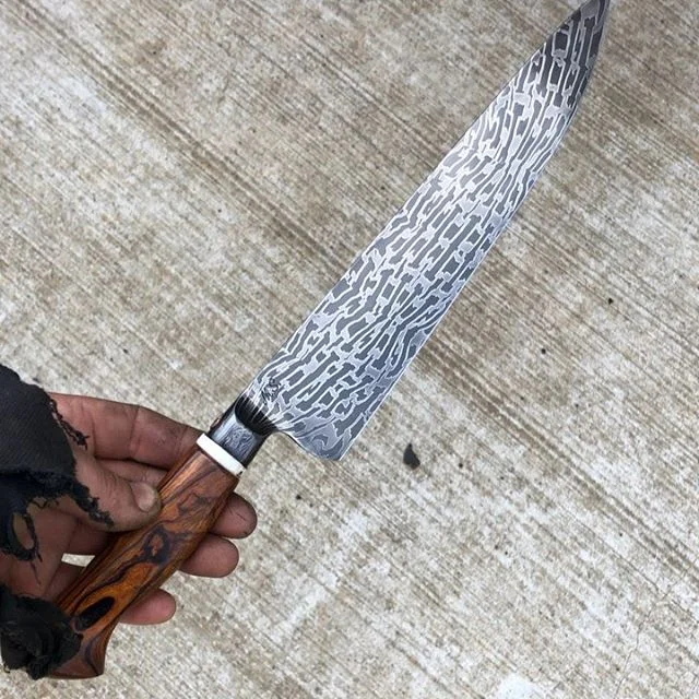 Little donation piece done in mosaic. Inlaid with a little ladybug highlight, and set in ironwood with an antler highlight. #forged #damascus #mosaic #couteauxdecuisine