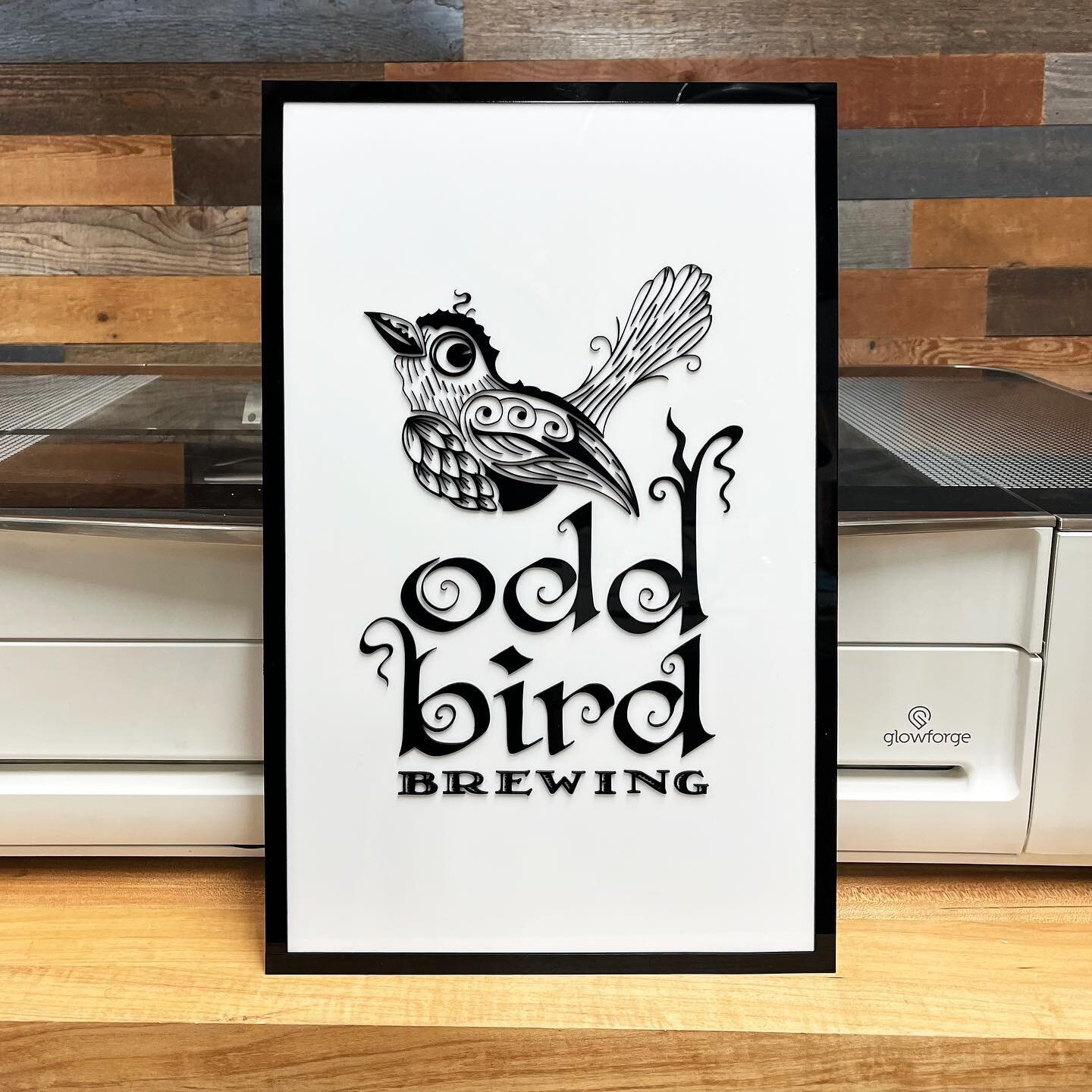 We learned how to make simple signs today in my Glowforge for Beginners class (https://glowforgeforbeginners.com). This one is for a local brewery down the street from me. We just used some black and white acrylic and some 3M tape. It doesn&rsquo;t g