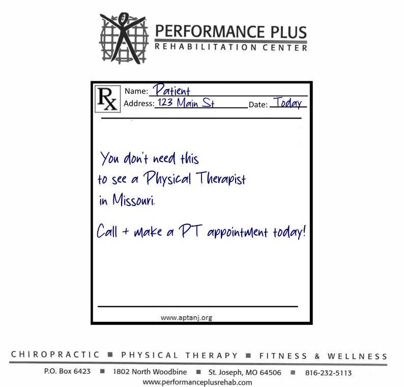 Did you know, you no longer need a Physical Therapy Script from a doctor to do PT? 

Call and make an appt today @ (816)232-5113 with either our St. Joseph or Cameron locations!

 #PhysicalTherapy #PT #physicaltherapyworks #PhysicalTherapyServices #P