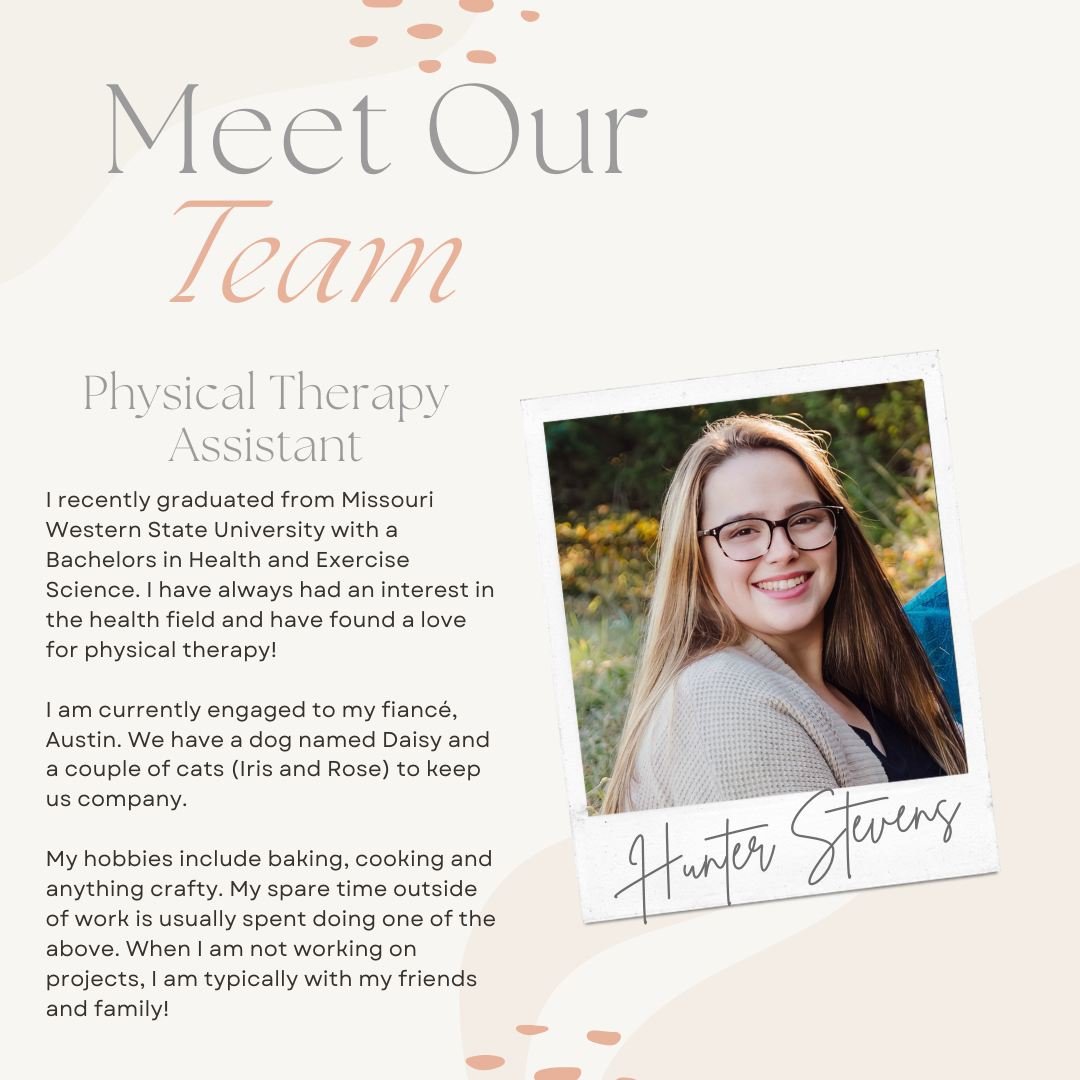 It's Meet Our Team Tuesday! 
This is Hunter, she is one of our Physical Therapy Assistants at our St. Joseph Location. She is a great team member and we are lucky to have her. 
 #PhysicalTherapyServices #meettheteamtuesday #MeetTheTeamTuesday #teamwo