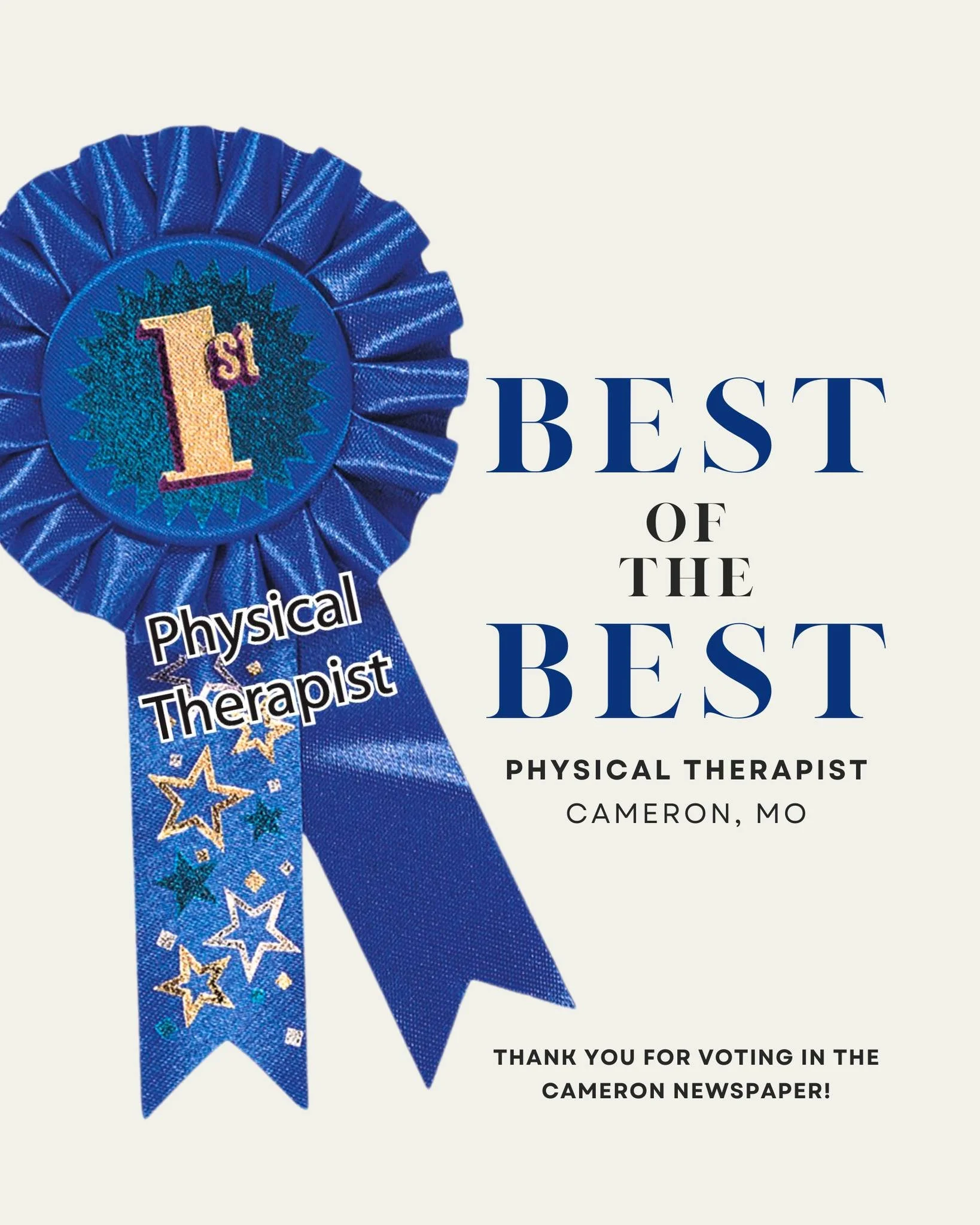 We are honored to be recognized as the &quot;Best of the Best&quot; Physical Therapists in Cameron! Thank you to all who voted&mdash;we deeply appreciate your continued trust and support. It is our privilege to serve the Cameron community for over 7 