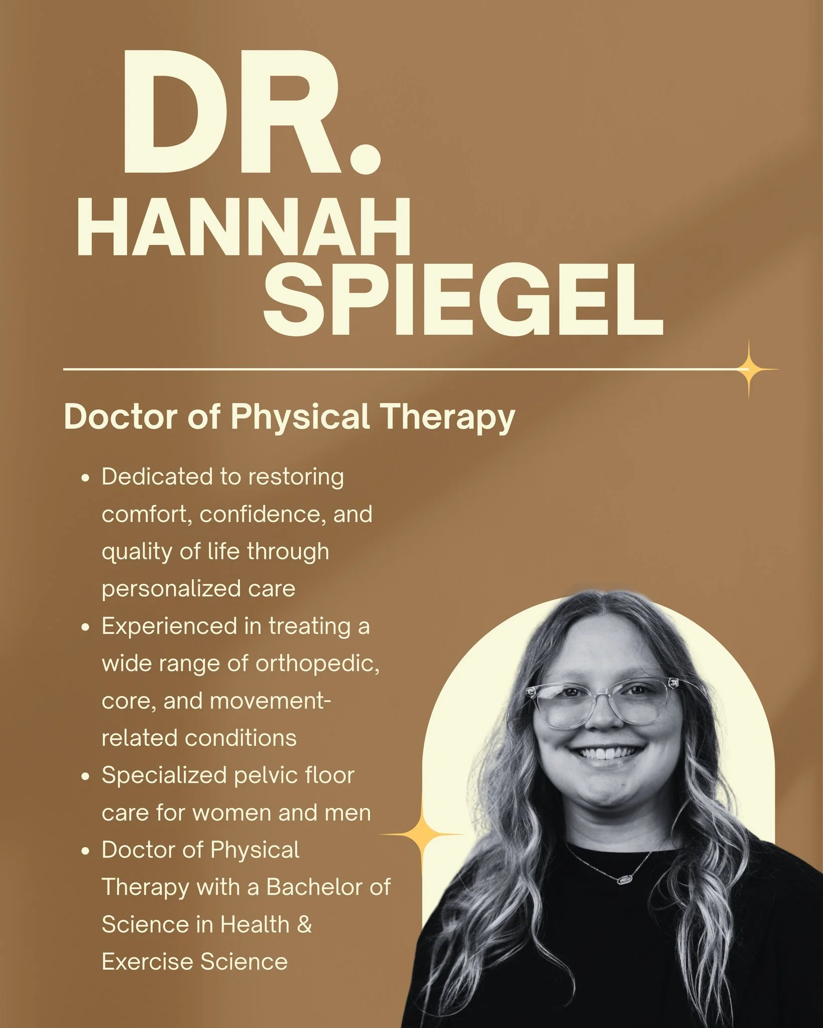 Meet Dr. Hannah Spiegel, DPT ✨
Known for her personalized, patient-first care, Dr. Spiegel treats a wide range of orthopedic, core, and pelvic floor conditions for women and men. She&rsquo;s dedicated to restoring comfort, confidence, and quality of 