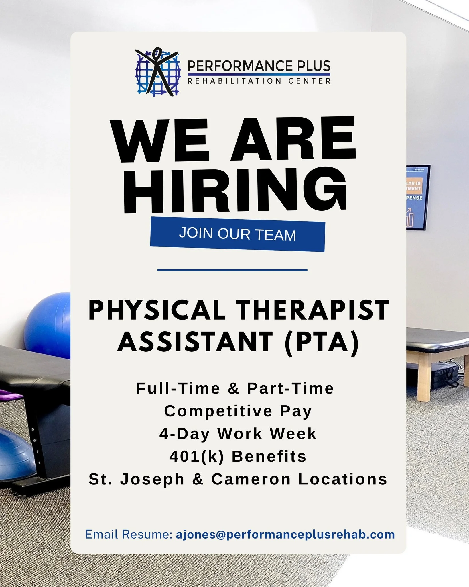 Come join our team! To view the full job description and benefits, visit our Indeed page or email resume to: ajones@performanceplusrehab.com 

https://www.indeed.com/cmp/Performance-Plus-Rehabilitation-Center-2?campaignid=mobvjcmp&amp;from=mobviewjob