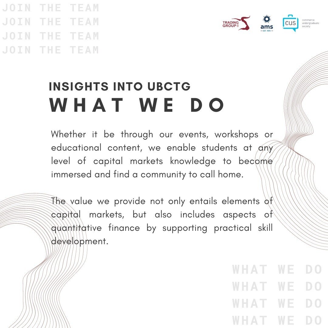 &diams;️Curious to know more about UBCTG and What We Do?📢‼️

Established in 2011, UBC Trading Group is a diverse community of students linked by their mutual interest in impacting the future of the capital markets. We are one of the largest student 