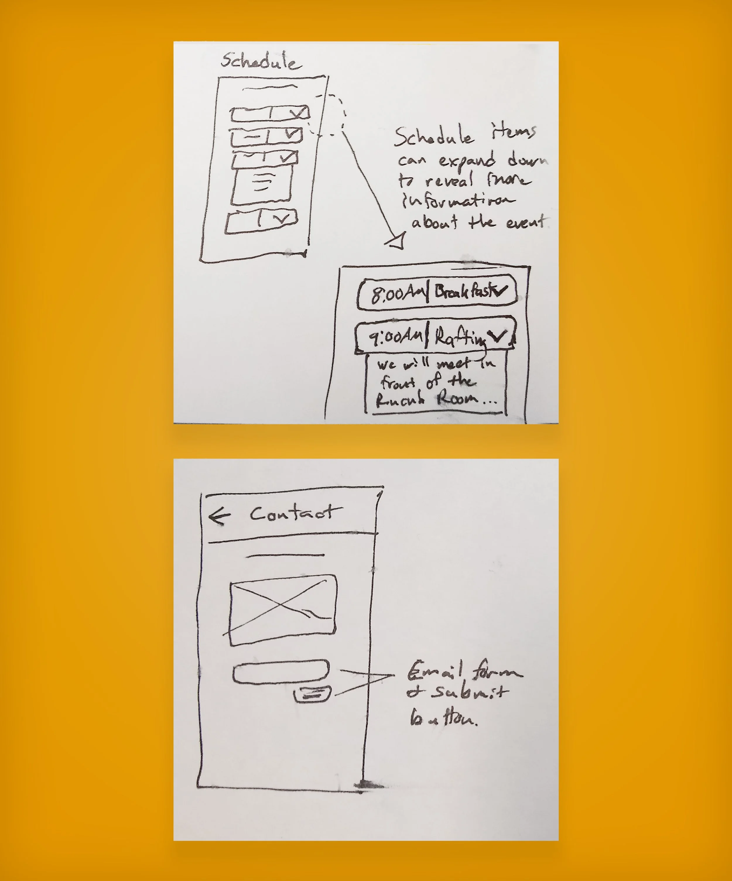 RAPID PROTOTYPING and wireframing - I sketched my ideas on paper to help me quickly flush out deigns and explore concepts. This is vital to getting the foundation of an idea worked out before jumping too early into UI design. It also helped me consolidate and streamline functions and information which made the presentation of  content much easier to comprehend.