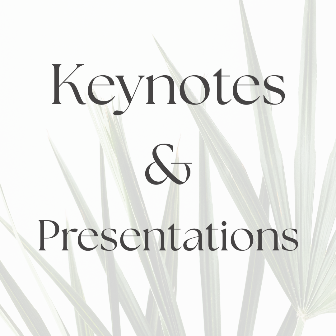 Slide with text 'Keynotes & Presentations' over a background of light-colored palm leaves.
