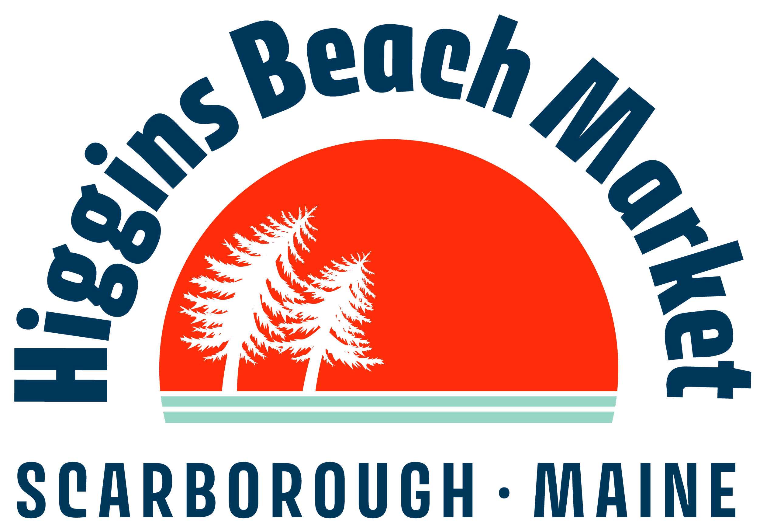 Logo of Harris Beach Waterfront, featuring a red sun setting behind three black pine trees, with the words 'Harris Beach Waterfront' arched above and 'Scarborough, Maine' below.