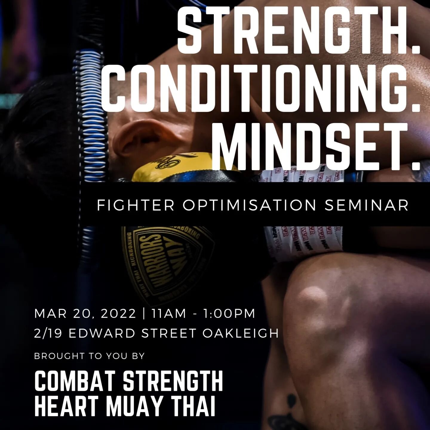 IMPROVEMENT

A long time in the planning I'm very excited to announce @springsia and myself will be hosting a workshop @honourmartialarts in March! 

The workshop will cover- 
Training outside of fight camp.
Mobility for combat athletes.
Breathing. 
